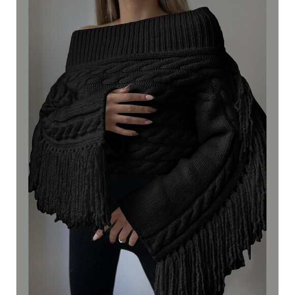 Women’s Black Unybwonn Off Shoulder Tassel Knit Cropped Y2K Sweater - Picture 2 of 6